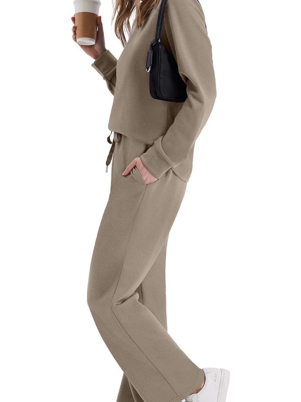 WIHOLL Women’s 2 Piece Lounge Outfit, Light Coffee MEDIUM - Picture 4 of 8
